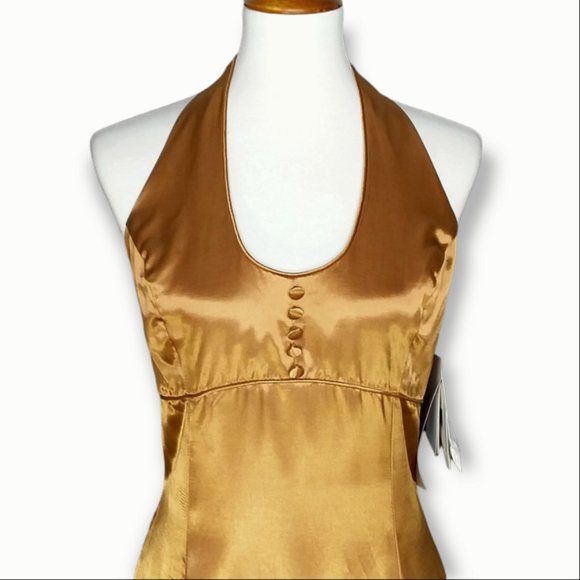 Vtg Jessica McClintock Gunne Sax Maxi Halter Dress Size 7/8 Liquid Gold Metallic - Picture 4 of 12